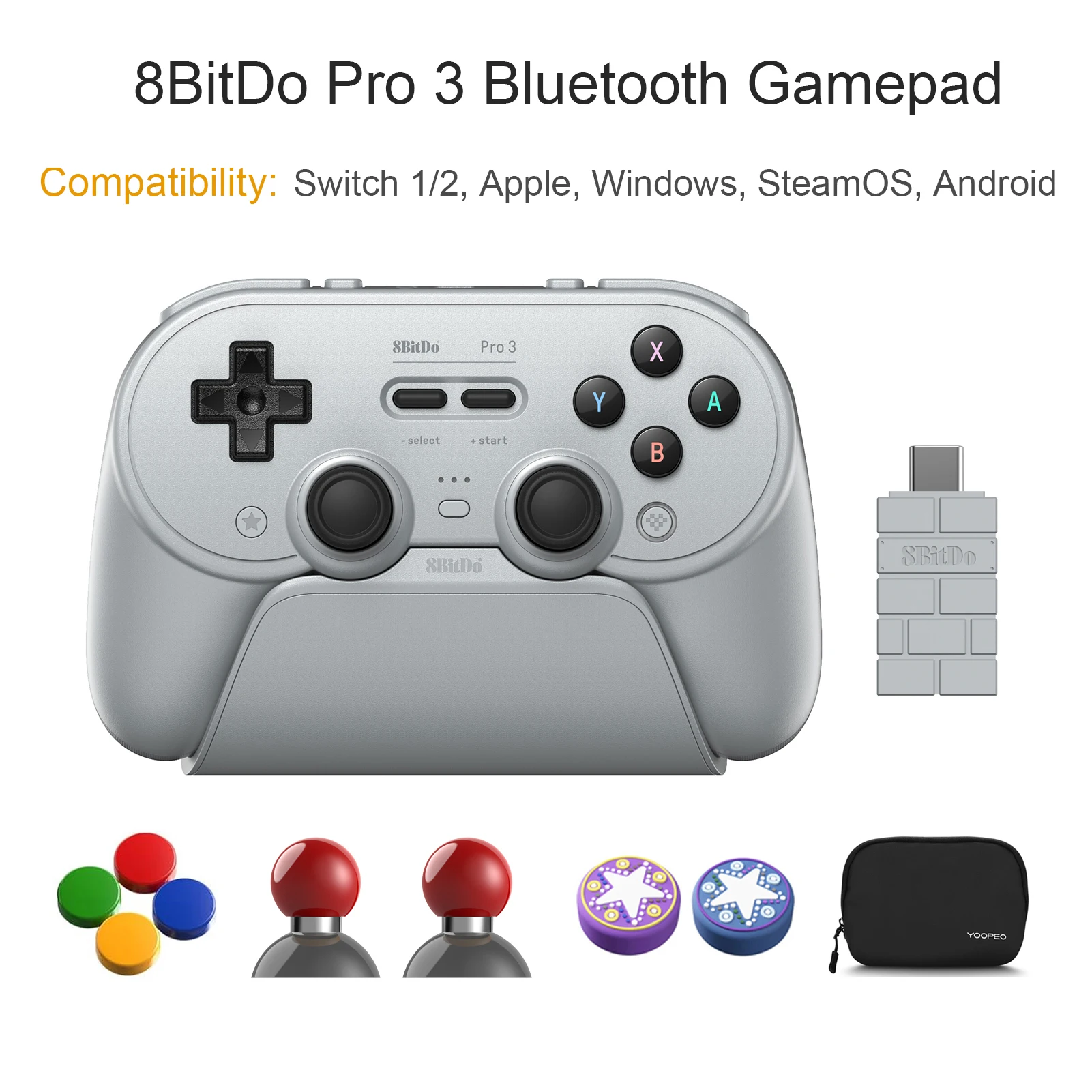 8BitDo Pro 3 Bluetooth-gamingcontroller voor Switch 1/2 Windows, Apple TMR-joysticks met schakelbare triggers voor Android Steam