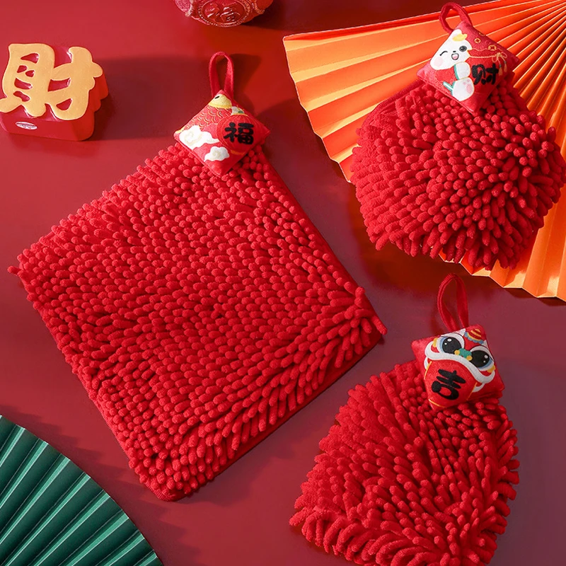 Red Chenille Soft Hand Towel Chinese Style Quick-Dry Absorbent Cartoon Wipe Handkerchief for Home Bathroom Embroidery Towels