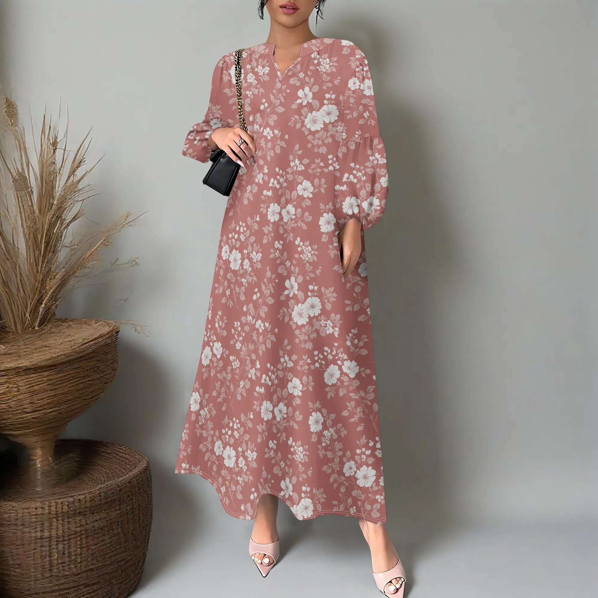 فستان نسائي طويل بياقة 3/4 كم مخطط باللون الأزرق الفاتح مع حاشية مكشكشة متدرجة أنيقة غير رسمية 2025 عصري