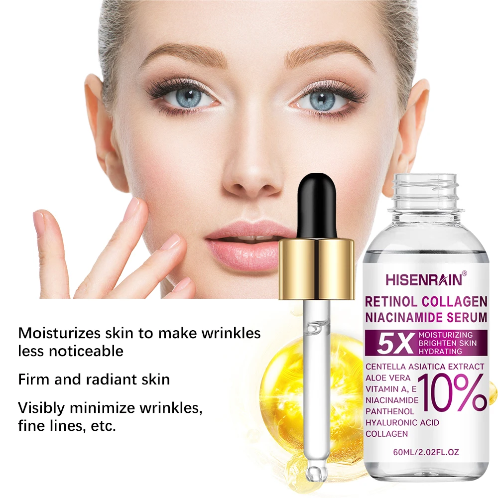HISENRAIN 5x Powerful Retinol + Collagen Essence Lightweight 72H Hydrating Formula for Sensitive Skin Friendly with Snow Grass