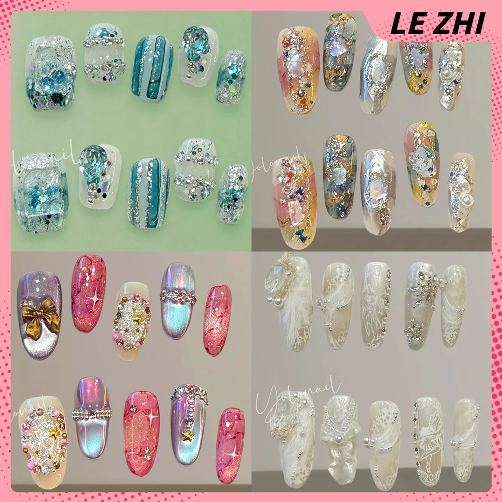 

High Quality Colorful Long Coffin Ellipse Handmade Full Cover Nail Diamond Cat Eyes Pearl Detachable Fake Nails Girl Gift