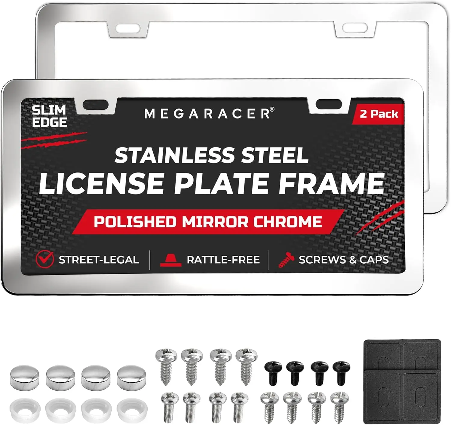 

Polished Chrome Silver Thin License Plate Frames, 2-Pack, Stainless Steel, Rust-Free, Street Legal