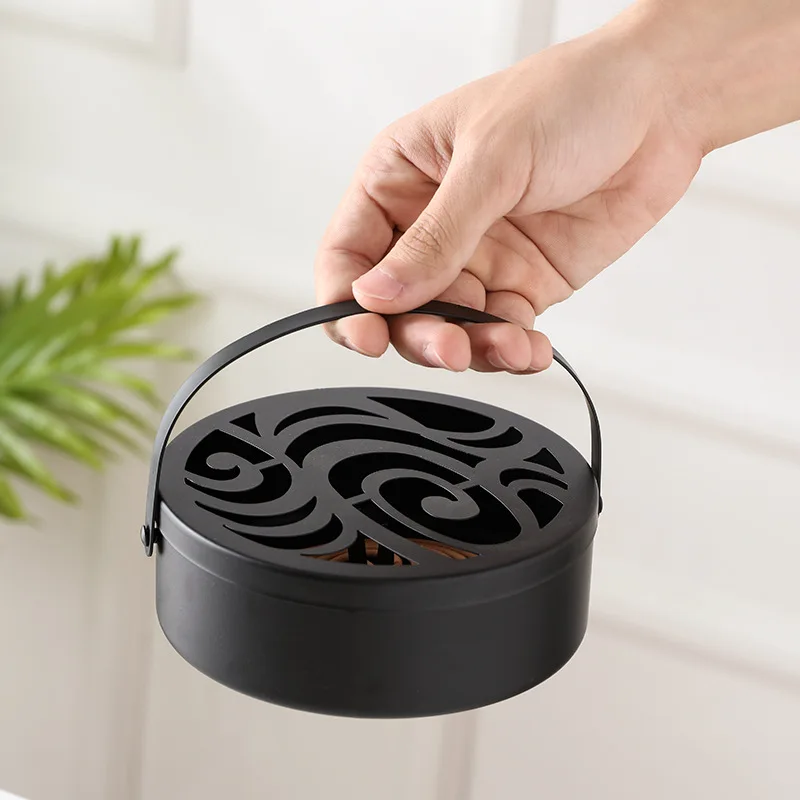 

Iron Mosquito Coil Holder Hollow Mosquito Coil Box Home Office Portable Round Incense Burner with Handle Anti-Scald Wrought Box