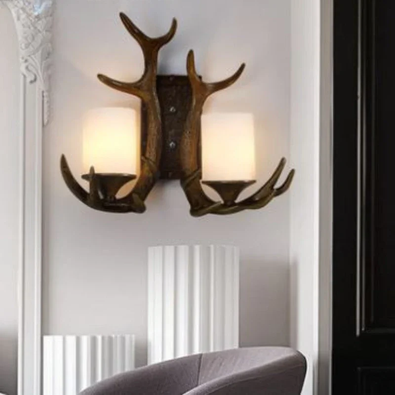 

Lamp house American country retro bedside living room bedroom Mediterranean creative double head antler wall lamp