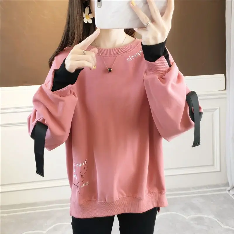 Street Casual Fake Two Piece Loose Hoodies Sweatshirts Spring Autumn O-neck Long Sleeve Pullovers Fashion Vintage Women Clothing