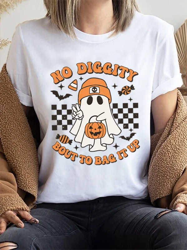 No Diggity Bout To Bag It Up Funny Slogan Women T-shirt Cute Cartoon Ghost Print Women Shirt New Trend Haloween Casual Girl Tee