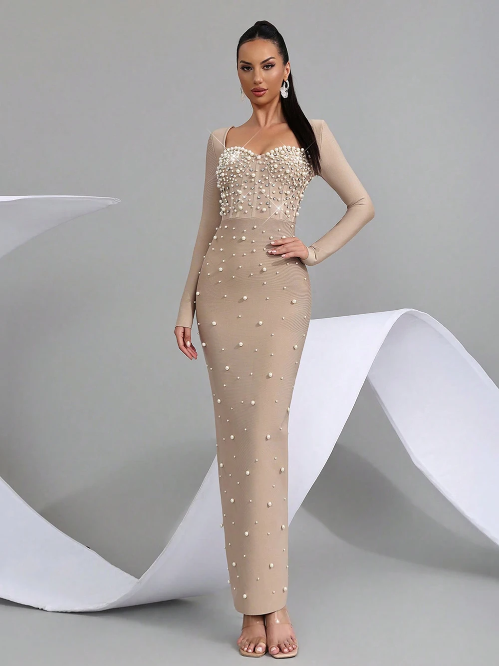 Modphy Frauen Sexy Langarm Perle Perlen Maxi Lange Bodycon Verband Kleid Promi Elegante Abend Party Luxus Geburtstag Kleid