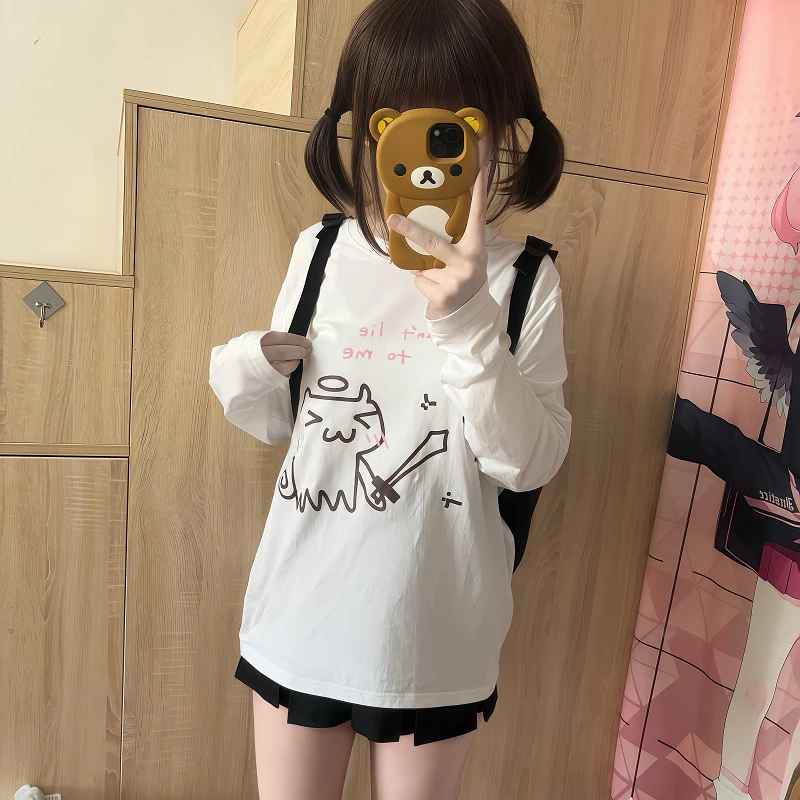 T-shirt à manches longues pour femmes, ample et décontracté, blanc, imprimé chat esprit de combat japonais, Harajuku Kawaii, vêtements surdimensionnés, automne