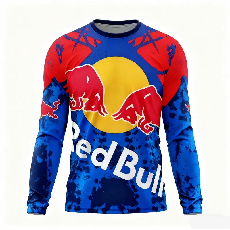 Новая дышащая модная спортивная футболка Red Bull с 3D принтом, мужская одежда с длинными рукавами, мотоциклетный модный топ контрастного цвета