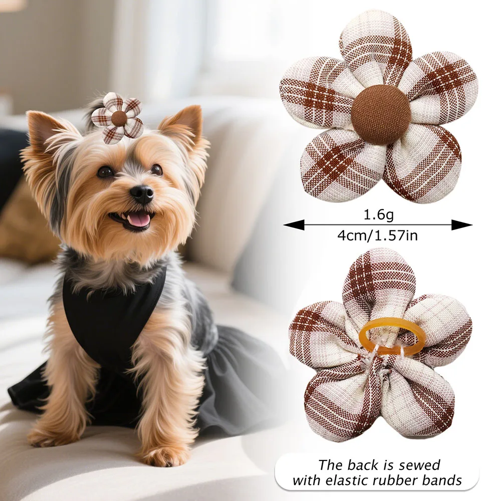 40/80PCS Fashion Dog Flower Bows Rubber Bands Handmade Puppy Bows Small Dog Bows Classical Plaid Pet Accessories For Dogs