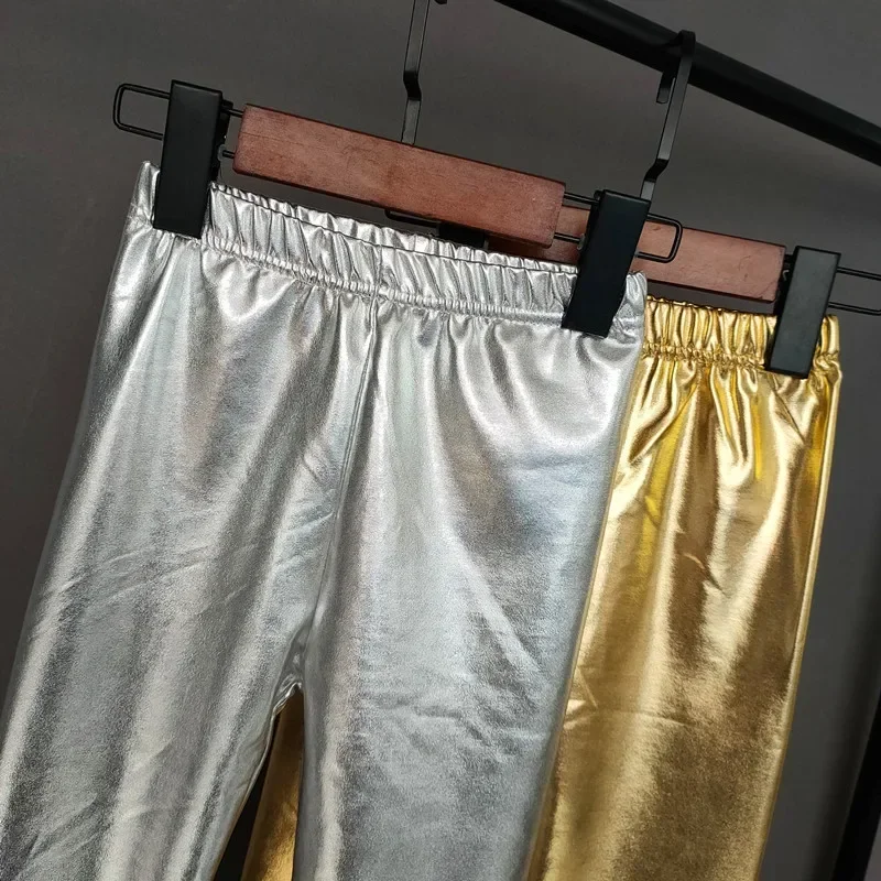 

Girls Legging Kids Pants Spring Autumn Children Elastic Faux Leather Leggings Gold Silver Skinny Pencil Pants Girl Leggings