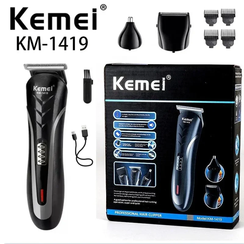 Kemei-Cortador de cabelo elétrico recarregável para homens, 3 em 1, Barbeador doméstico, aparador de pêlos, aparador de nariz, KM-1419