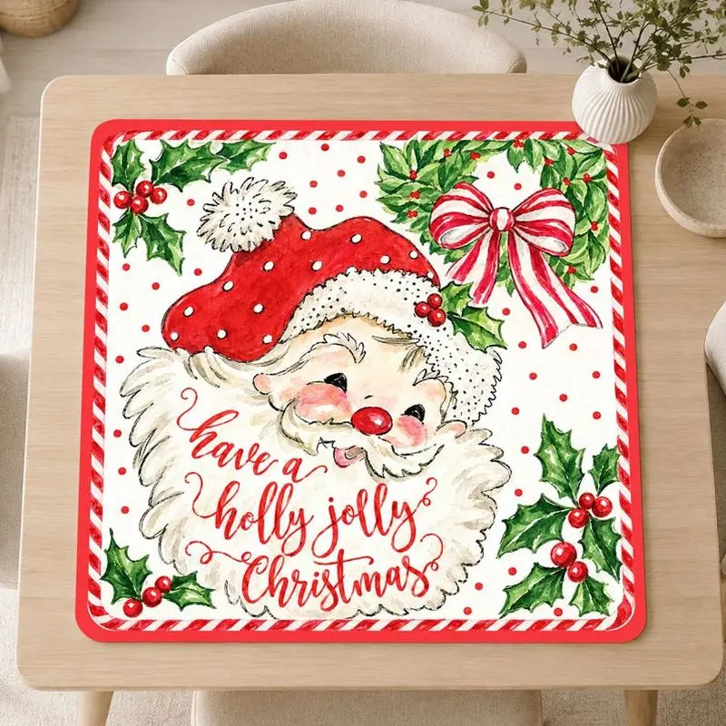 VIKAMA Holly Jolly Santa Mahjong Mat Diatomite Table Cover Non Slip Absorbent Christmas Holly Berry Game Table Protector Holiday