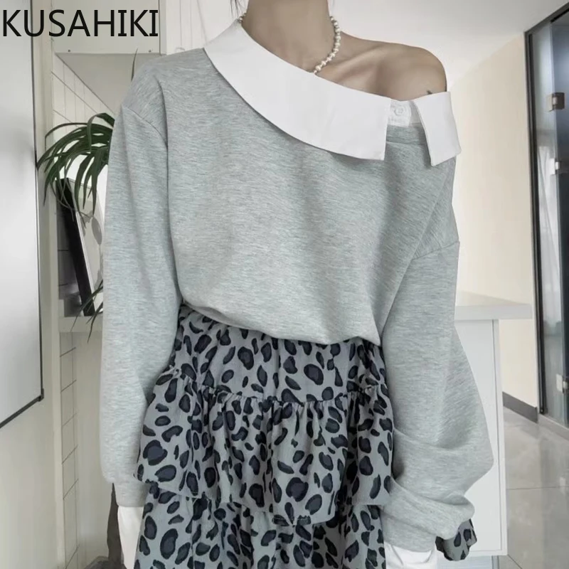 KUSAHIKI Korea Chic Autumn Irregular Skew Collar Strapless Contrasting Colors Versatile Long Sleeved Sweatshirt Top for Women