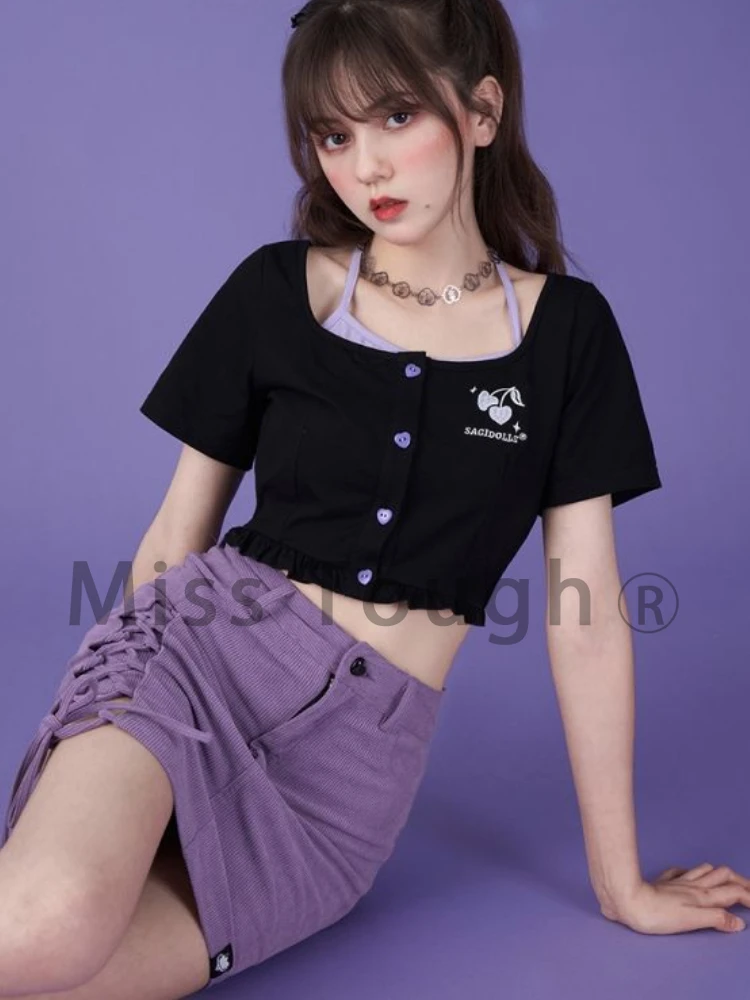 Summer Black Sweet Elegant Blouse Women Slim Korean Style Fake Two Piece Crop Tops Short Sleeve Japanese Cute Blouse Female 2022