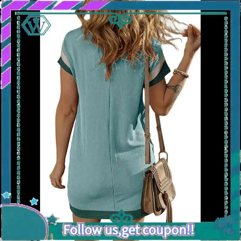 A09P – robe t-shirt à manches courtes et col rond pour femme, tenue décontractée, bloc de couleurs, été