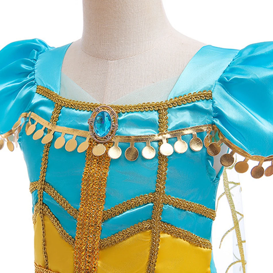 Kid Princess Jasmine Cosplay Dress Aladdin Girl Halloween Birthday Party Magic Lamp 3pcs Set Outfit Christmas Mesh Sequins Suit