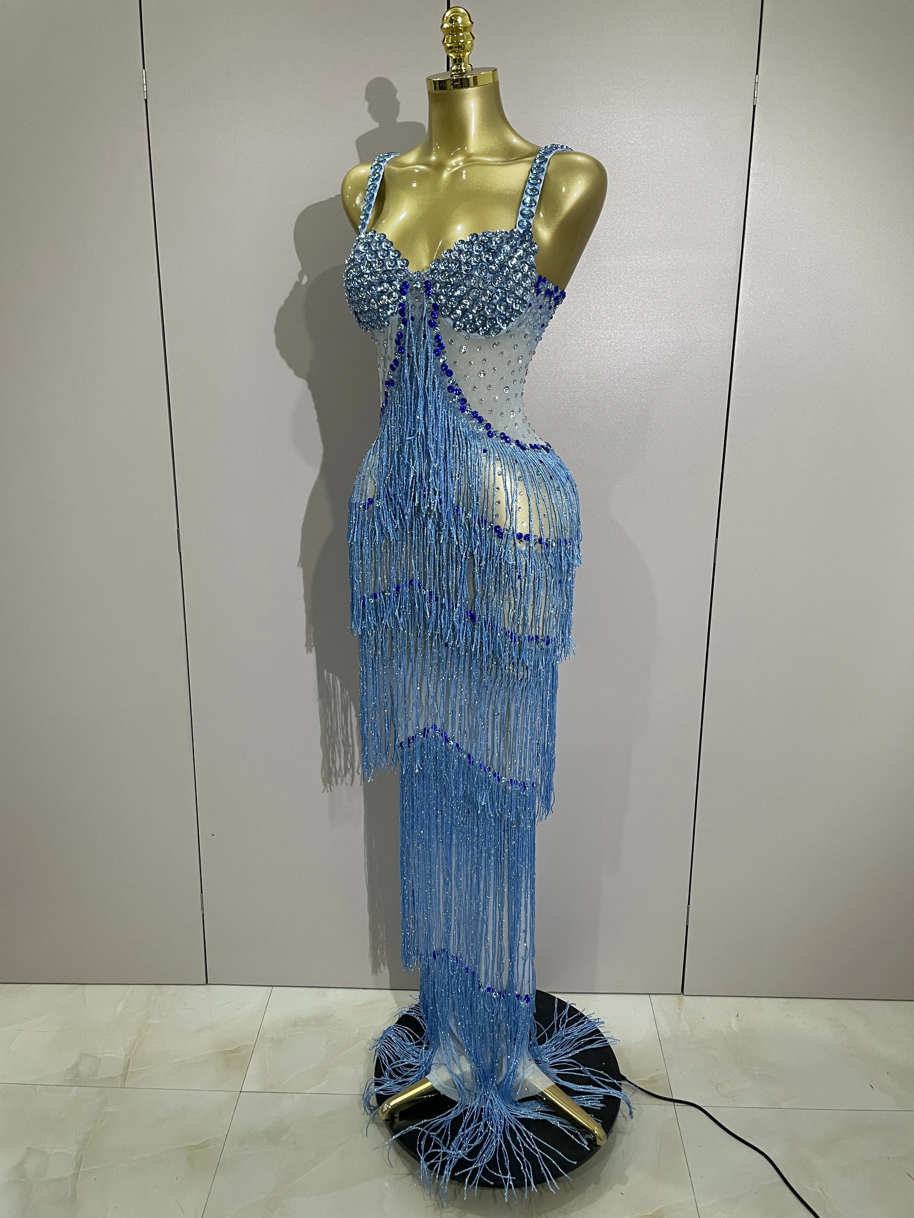 2025 Sparkly Rhinestones พู่เซ็กซี่ตาข่ายลื่นชุดยาวผู้หญิงฉลองชุดราตรีวันเกิด paty ชุดถ่ายภาพเวทีสวมใส่
