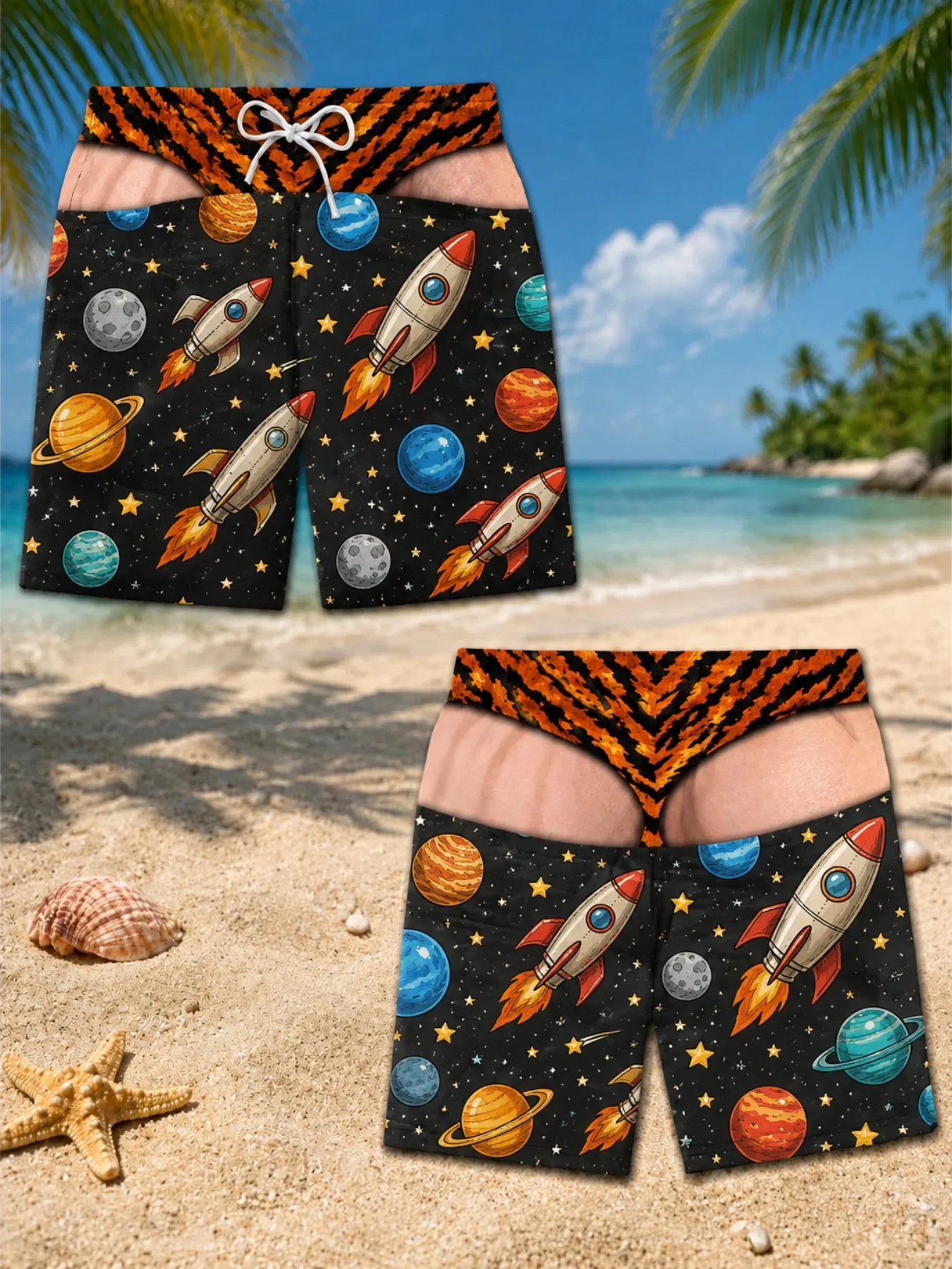 Men Women 3D Skin-Fitting Print Sports Breathable Space Rocket Shorts Quick-Dry Stretch Drawstring Beach Surfing Swim Pants