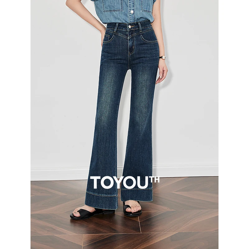 TOYOUTH Women Denim Jeans 2025 Spring New Cotton Mid Waist Slim Fit Elegant Micro Flare Long Pants