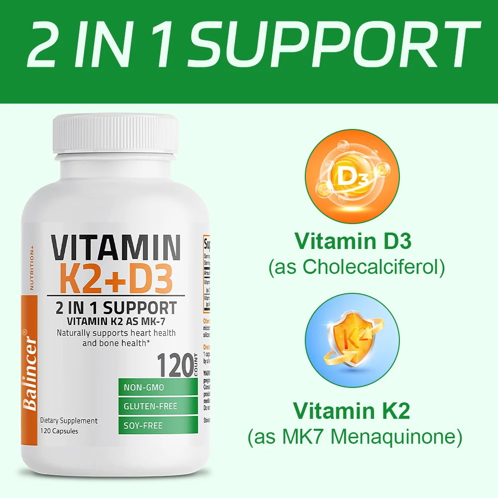 Vitamin D3 + K2 Capsules - Supports Heart, Bone and Dental Health, Improves Digestion and Absorption, and Enhances Immunity
