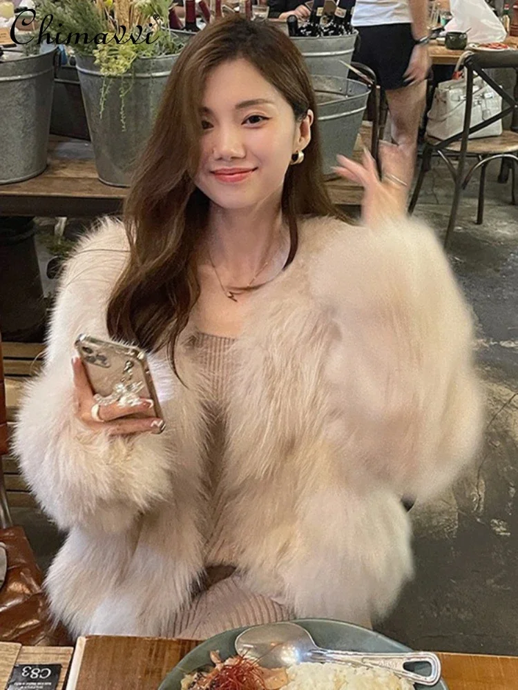 High-End Commute Style Long Sleeve V-neck Women Fox Fur Fur Coat 2023 Short Autumn and Winter Fashion Slim Fit Faux Fur Coat