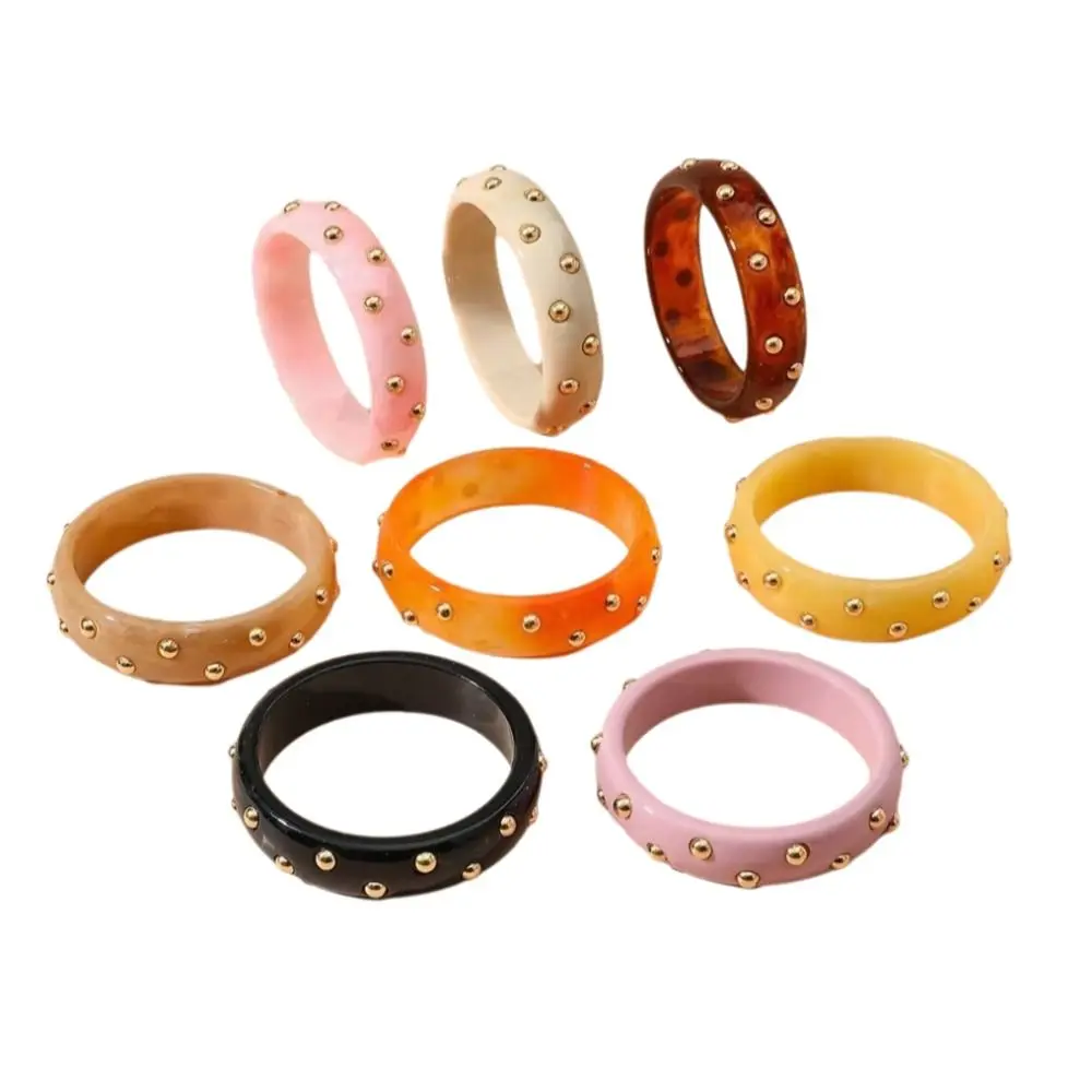 Punk Inlaid Beads Geometric Chunky Bangle Resin Wide Width Stackable Wide Bracelets Gold Beads Round Acrylic Bangle Women