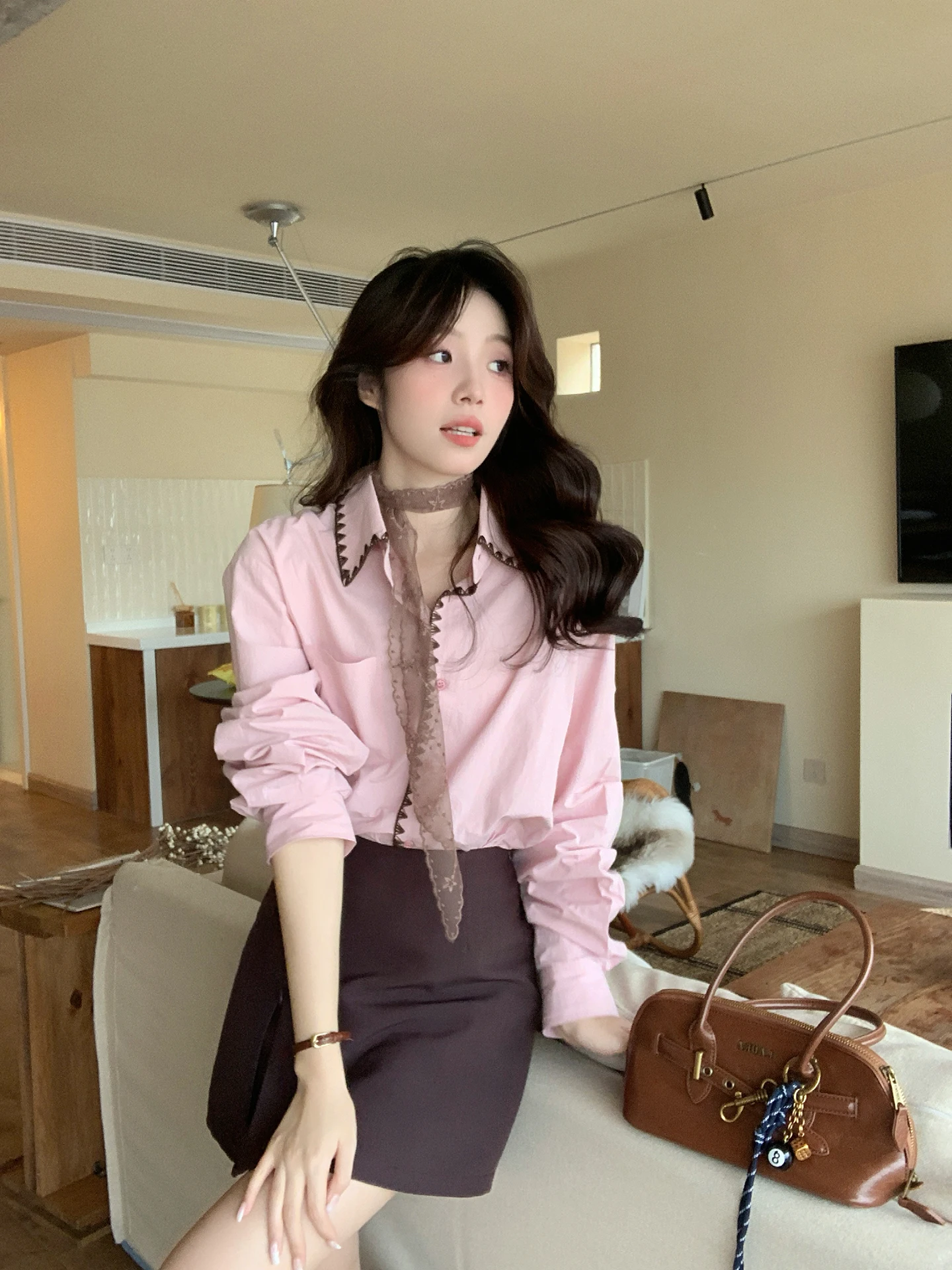 

Faionable Women's Long Sve Cotton irt Embroidered High Quali Pink Early Autumn Ele Korean Sle Premium Quali