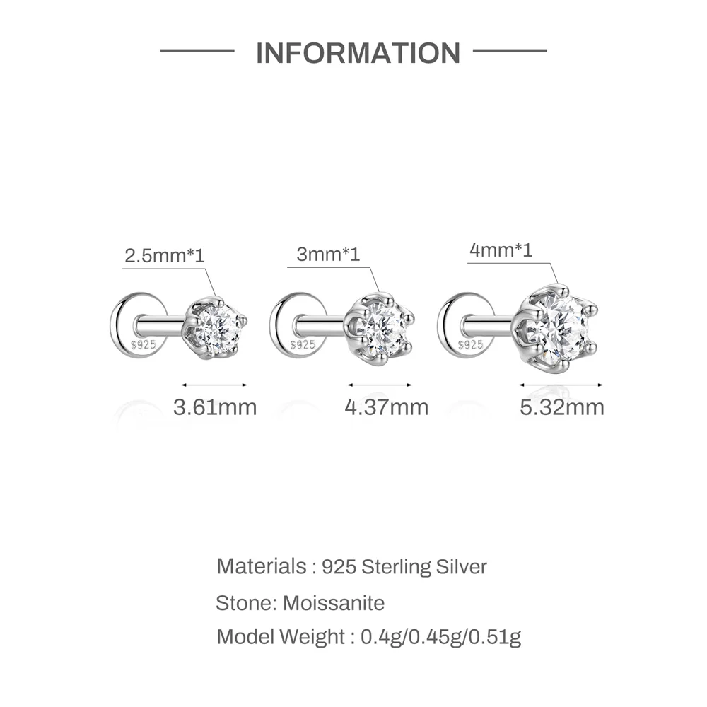 CANNER 1PC 6 Claws Luxury Sparkling Moissanite Flat Back Piercing Ear Bone Studs For Women 925 Sterling Silver Simple Earrings
