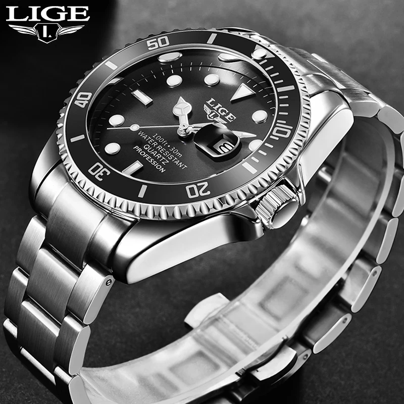 LIGE Fashion Casual Quartz Watches for Men Sport Military Satainless Steel Wristwatch Luxury Big Dial Man Watch Reloj Hombre+Box