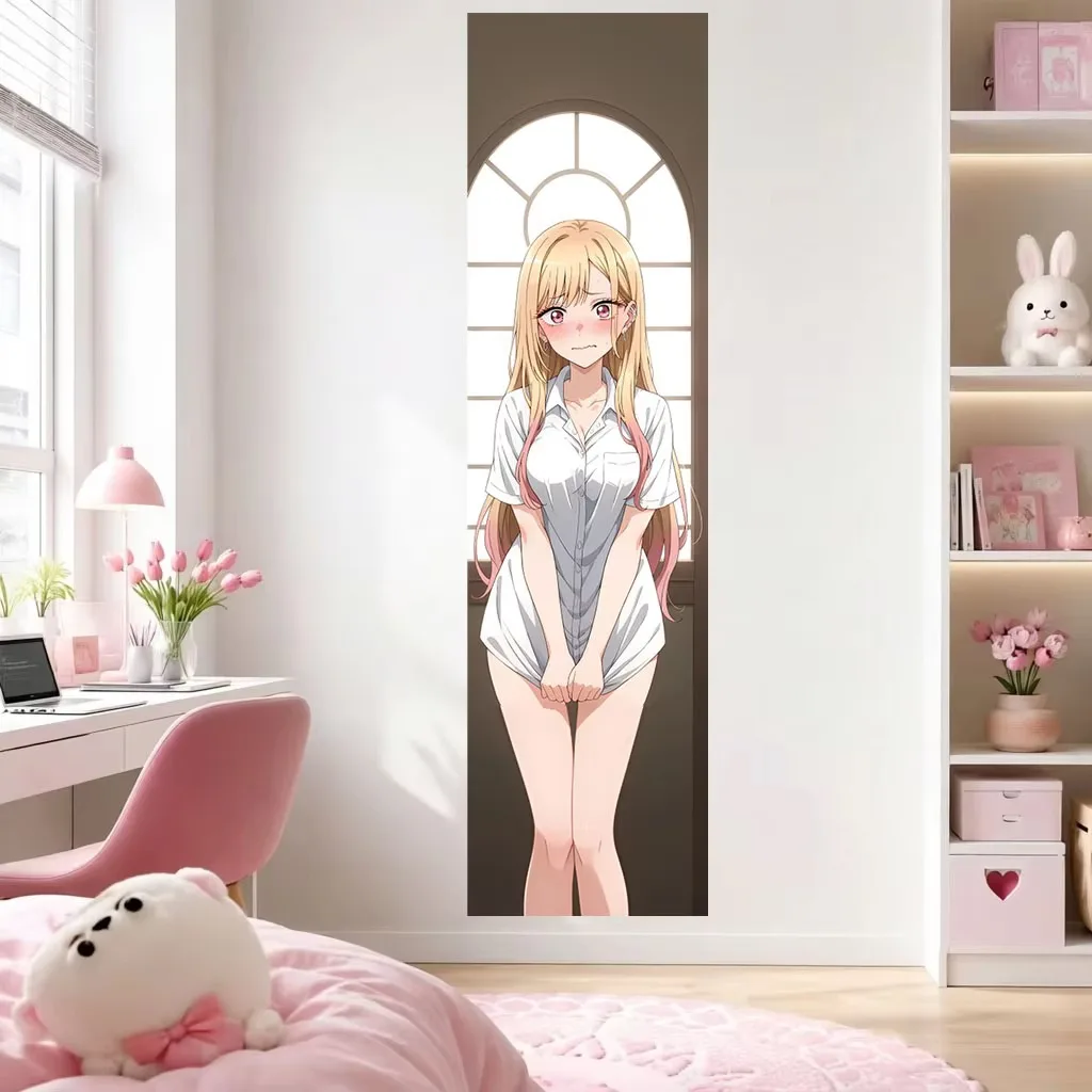 Vertical M-Marin K-Kitagawa Shy Girl Tapestry, Y2K Window Print Polyester Wall Hanging Kawaii Decor for Bedroom Dorm Living Room
