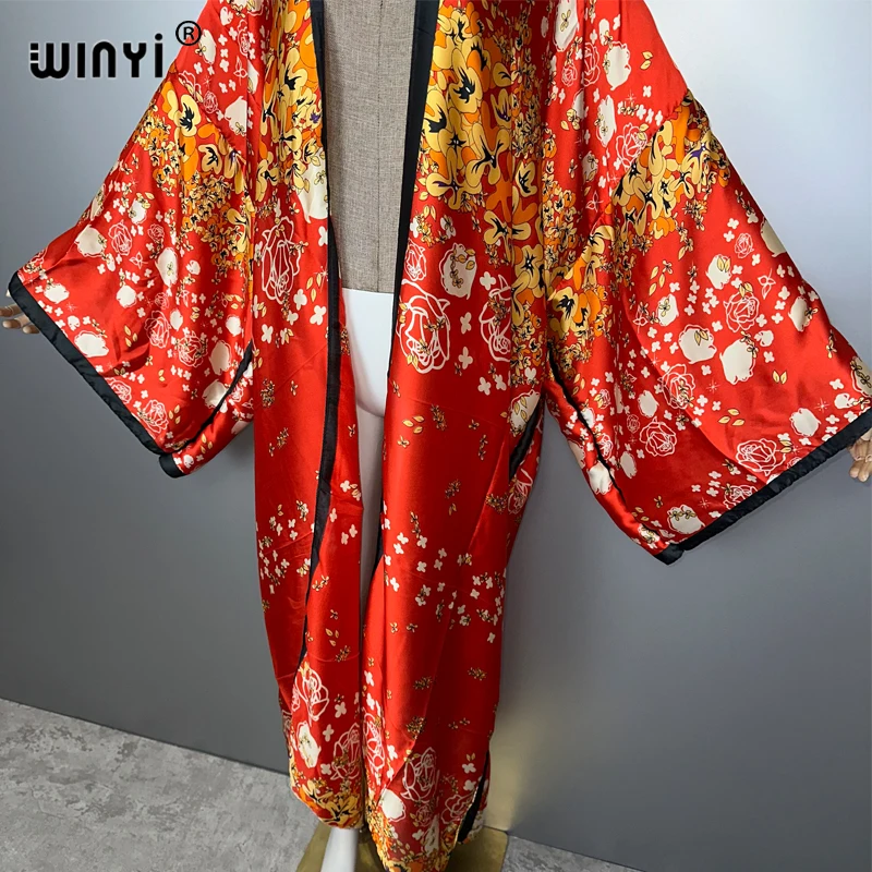 WINYI print boho kimono maxi beach wear cover up holidayparty dress abaya dubai luxury muslim woman fashion open front kaftan