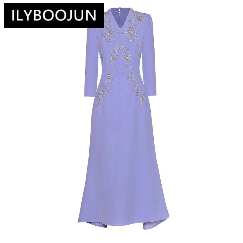 

ILYBOOJUN Runway Fashion Summer New Dress Women V Neck Mermaid 3D Diamond Beding Long Sleeves Princess Style Midi Dress