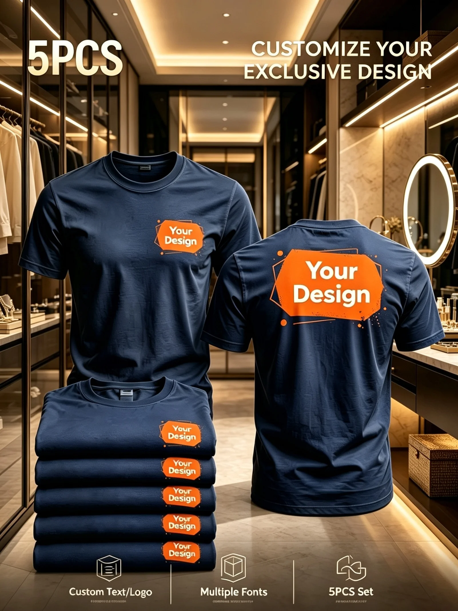 5pcs Set Personalized Men's T-Shirt, Add Your Text/Image/Family Photo/Pet Photo/Company Logo/Work Uniform/Couples/Best Friends
