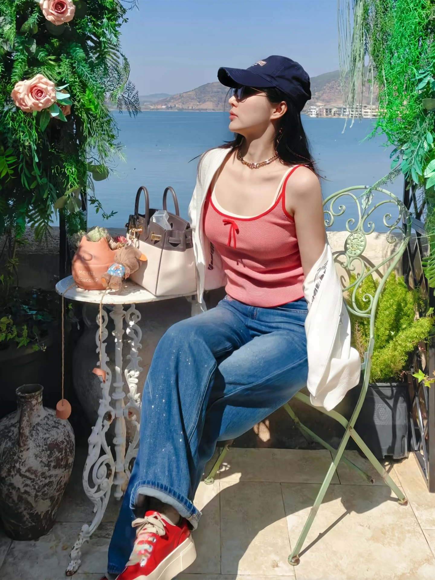 

PM Wang Na Na High Waist Waed Blue Loose Wide Leg Pants Sparkling Denim Jeans Faionable Diamond Detail Cotton Blend