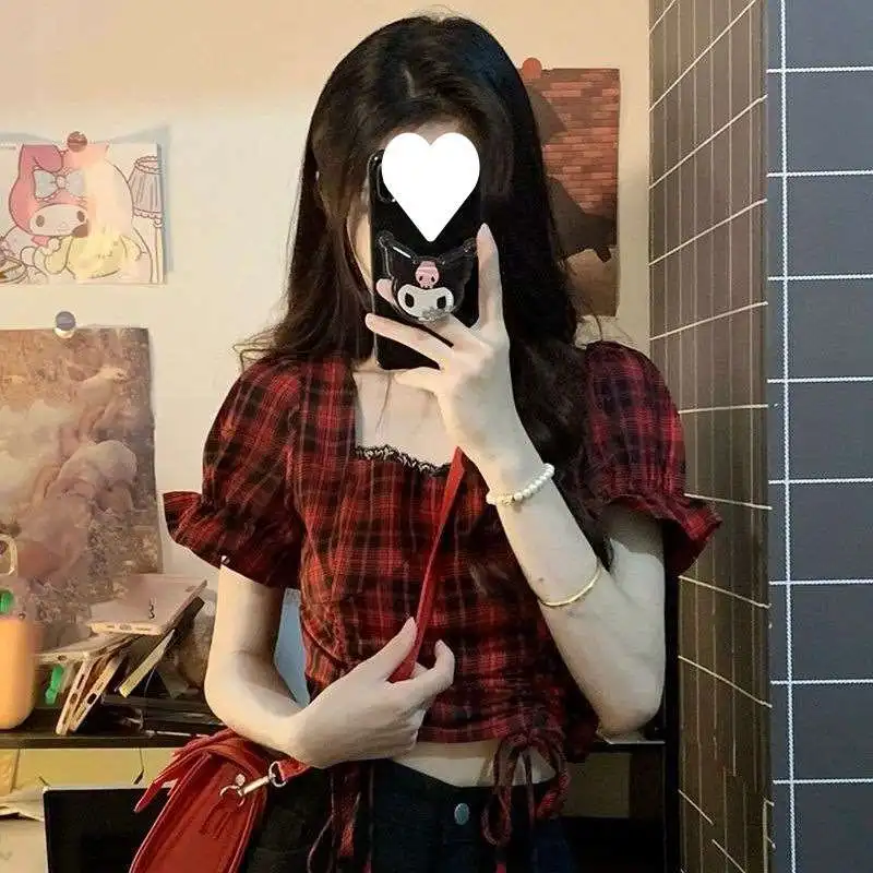 

Summer Plaid ort Sve oulder Tirt Women's irt Dstring Gathered Strap Polyester Fiber Square Collar Spring