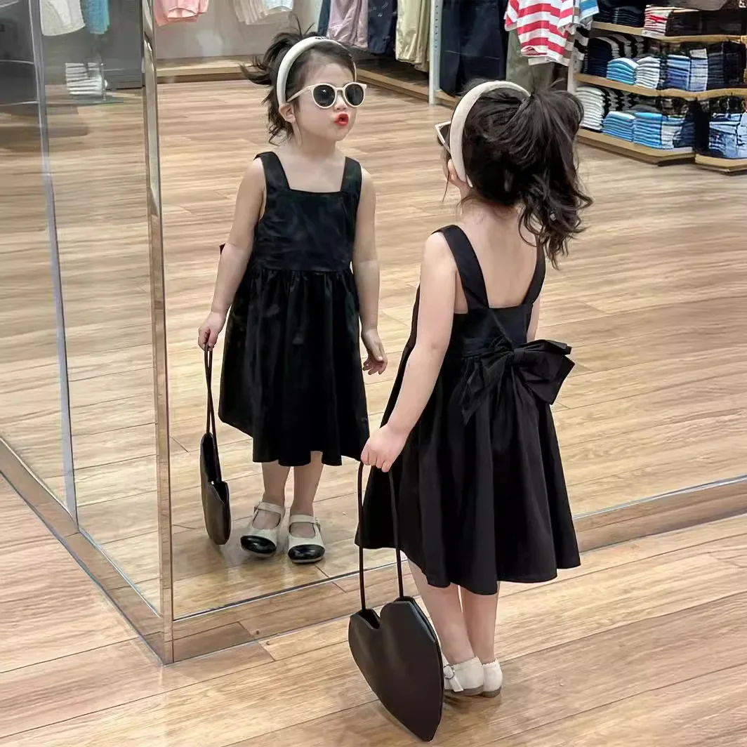 

Girls Dress 2025 Summer Vacation Style Black Halter Bow Suspender Dress Fashion Black Princess Dress