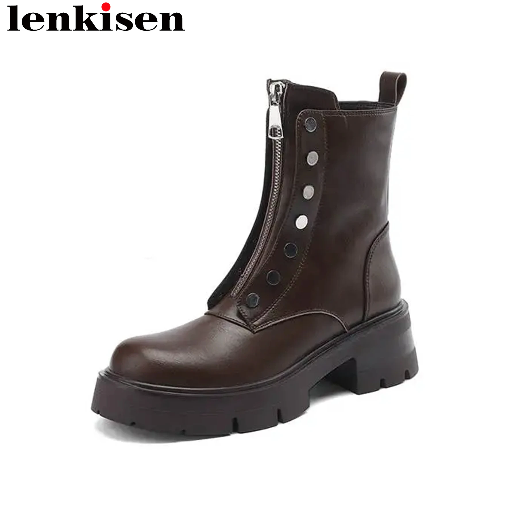 

Lenkisen Cow Leather Thick Heels Winter Fashion Modern Boots Front Zipper Metal Rivets Luxury Brand Vintage Warm Ankle Boots