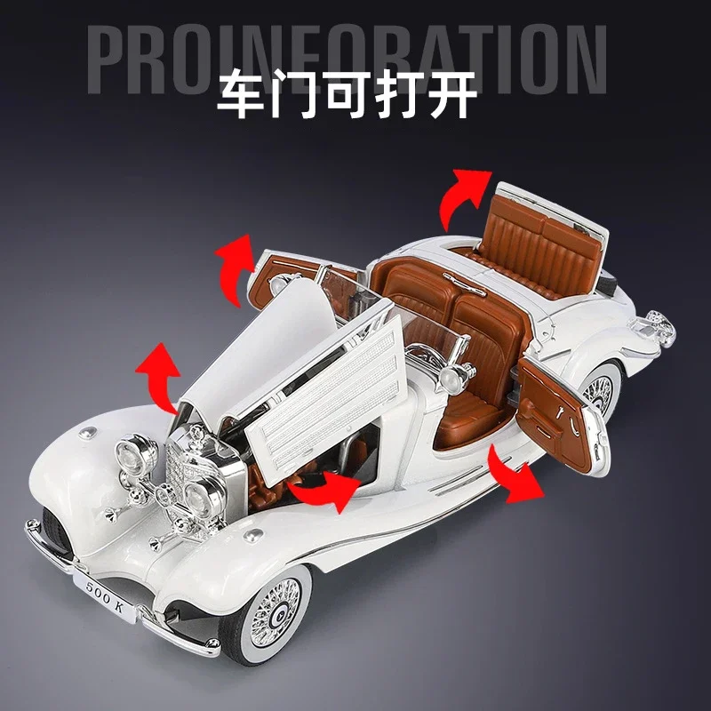 1:24 Mercedes-Benz 500K 1936 Classic Car Alloy Car Model Sound and Light Pull Back Children's Toy Collectibles Birthday gift