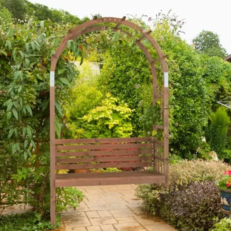 6.8FT garden arch with bench for climbing plants, wooden, natural wood color, sturdy and decorative