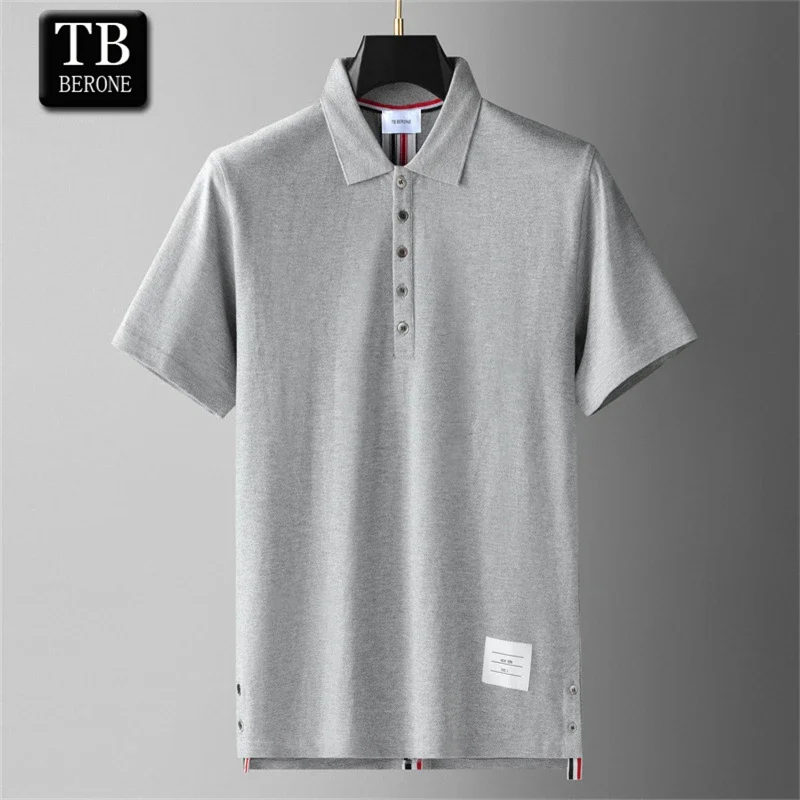 

TB BERONE Summer Half-sleeve Four-bar Thom Brand Men's Striped Cotton Polo Lapel Short-sleeved T-shirt Casual Trend Couple Wear