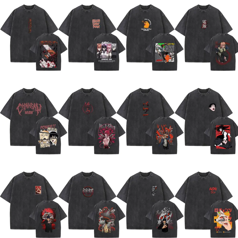 

Anime Chainsaw Man Power Makima Hayakawa Aki Pochita Denji Washed Vintage T Shirt Men Women Manga Fashion Casual Cotton T-shirt