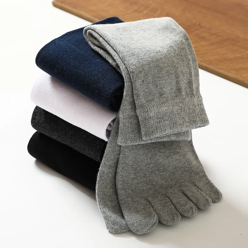 3 Pairs Men\'s Long Thick 5 Finger Socks Solid Cotton Autumn Winter Warm Split Toe Mid-Calf Casual Business Work Socks with Toes