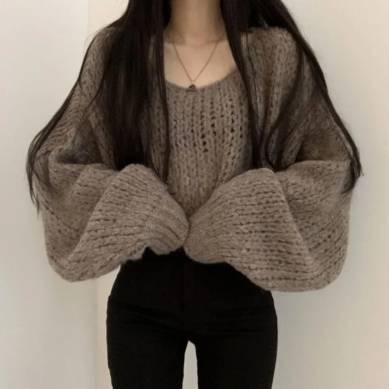 

New Oversized Sweaters For Women 2024 Pull Femme Y2k Clothes O-neck Lantern Sleeve Casual Jumper Knitted Korean Cropped Sudadera