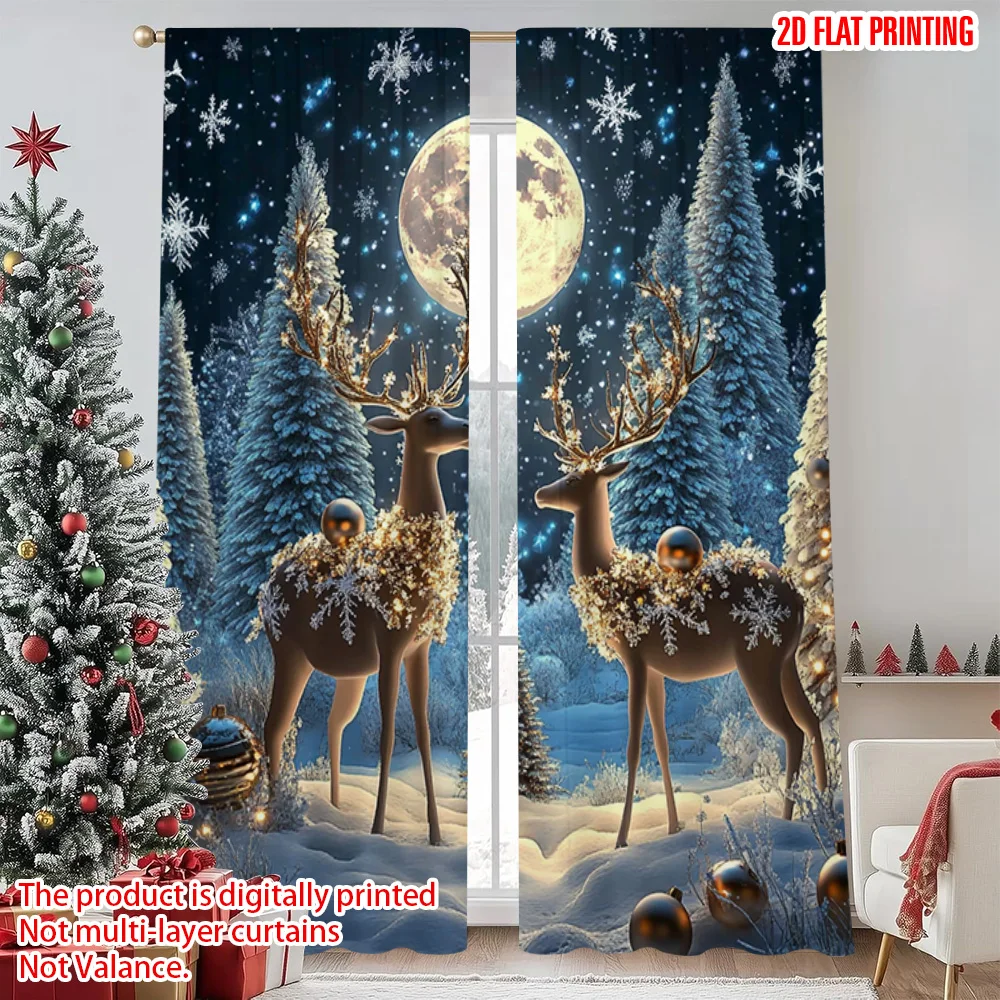 

2pcs 2D flat printing Christmas Party Curtain Winter Wonderland Reindeer Versatile Polyester Fabric Without Electricity Festive
