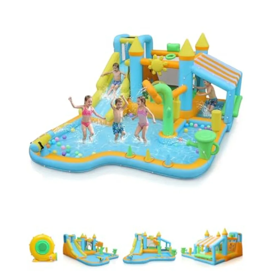 

Надувной батутный комплекс в садовом стиле для игр в помещении и на улице с горкой, зоной для прыжков, бассейном и цветочным дождевателем для детей от 3 лет