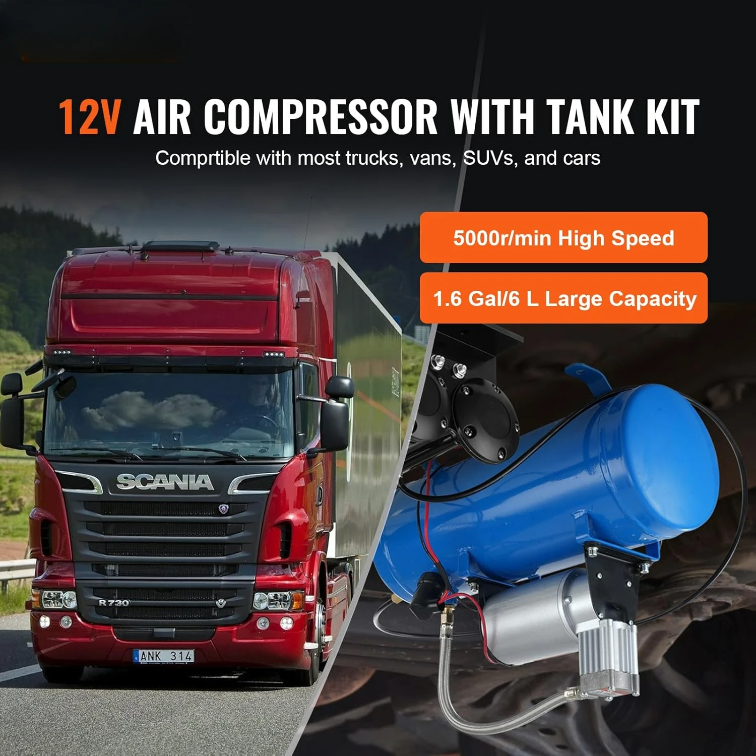 12V Air Compressor with Tank 1.6 Gallon/6 L, Train Horn Air Compressor, 120 psi Working Pressure Onboard Air Compressor System.