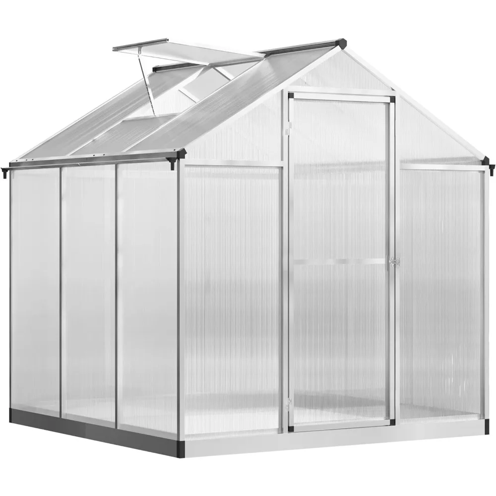 2024 New  6' L X 6' W Walk-in Polycarbonate Greenhouse with Roof Vent for Ventilation & Rain Gutter