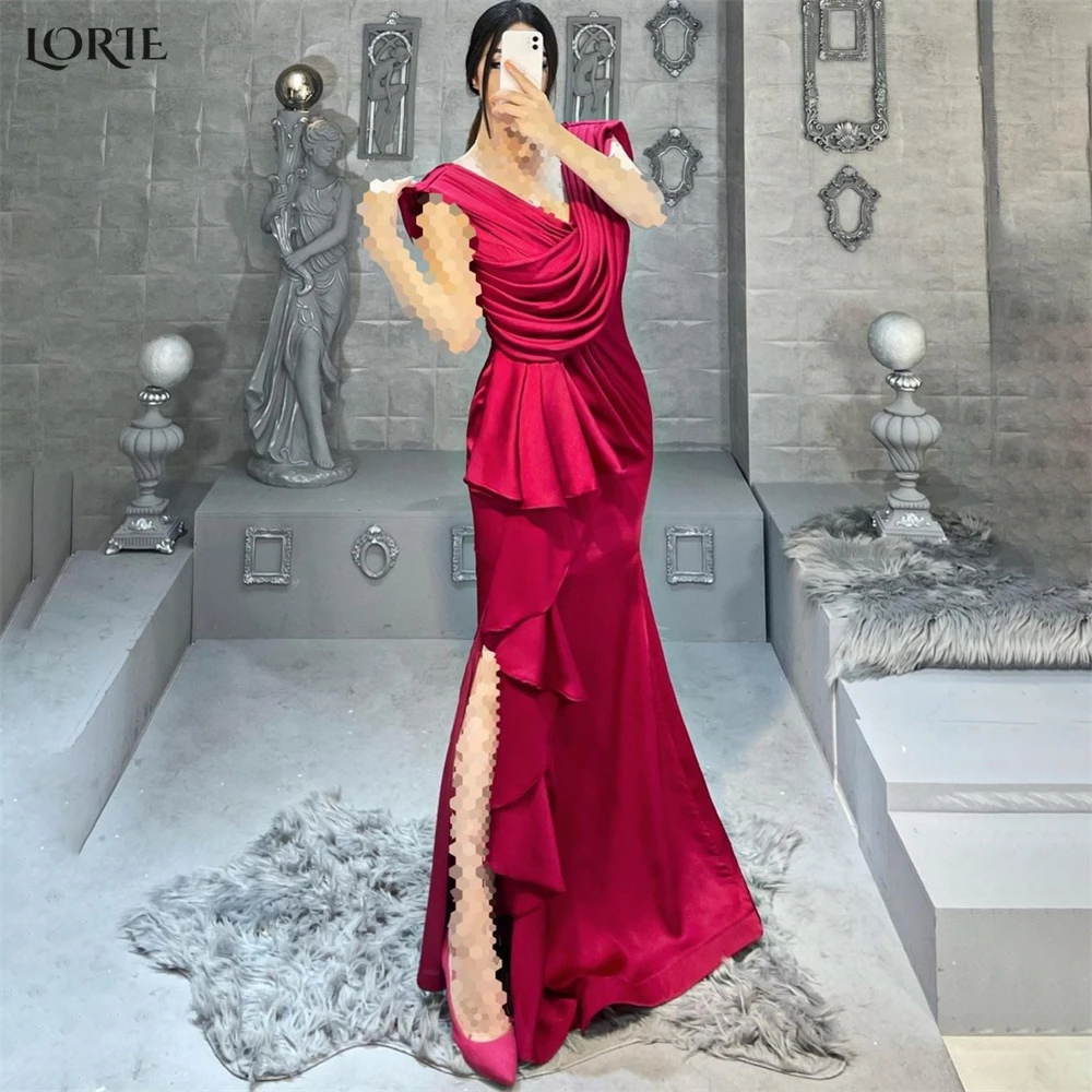 

LORIE Luxury Shiny Mermaid Evening Dresses Ruched Ruffles Side Slit Pleated V-Neck Prom Dress Backless Arabia Celebrity Gowns