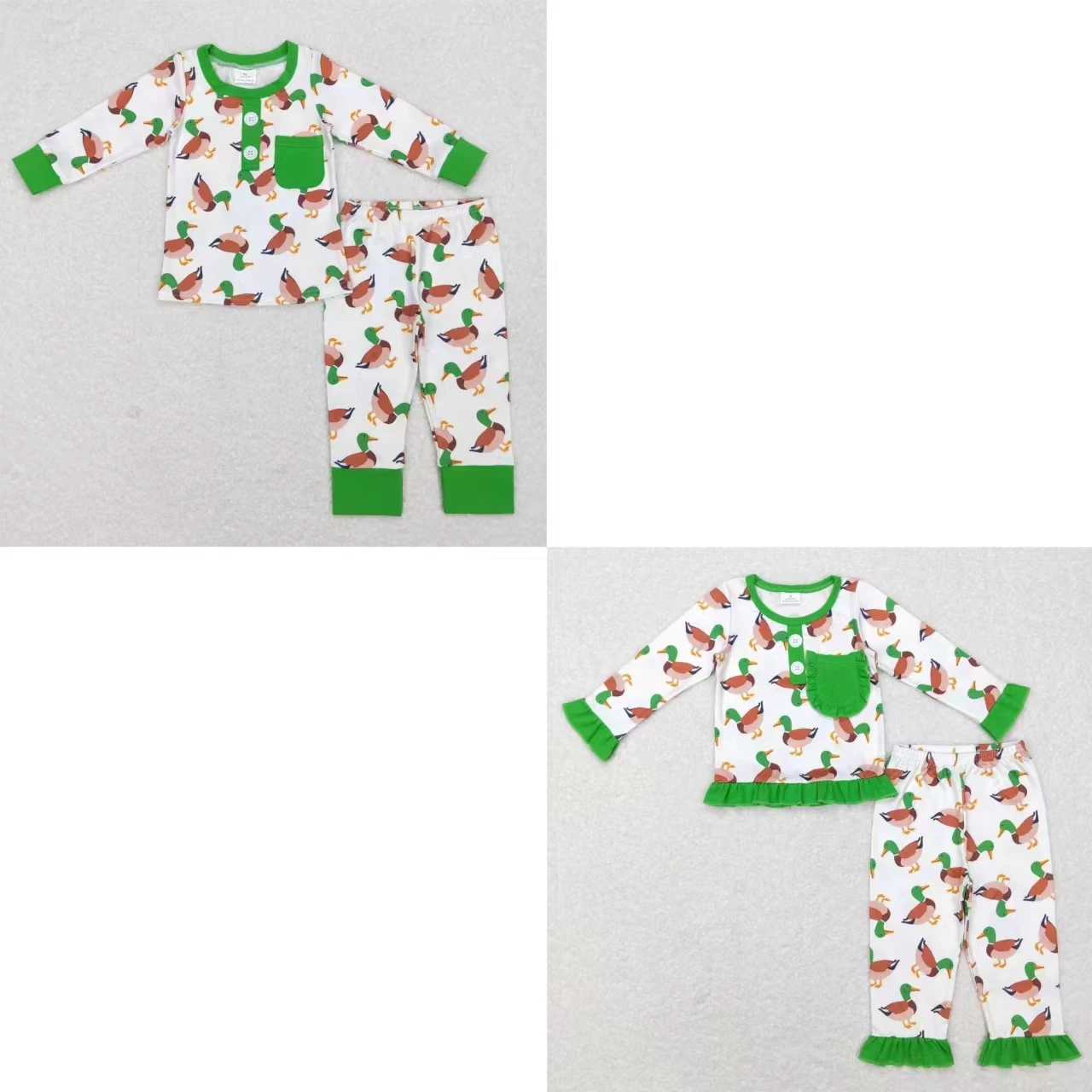 

Wholesale Baby Boy Girl Sleepwear Long Sleeves Ducks Pocket Shirt Set Kids Pants Toddler Green Outfit Nightwear Children Pajamas